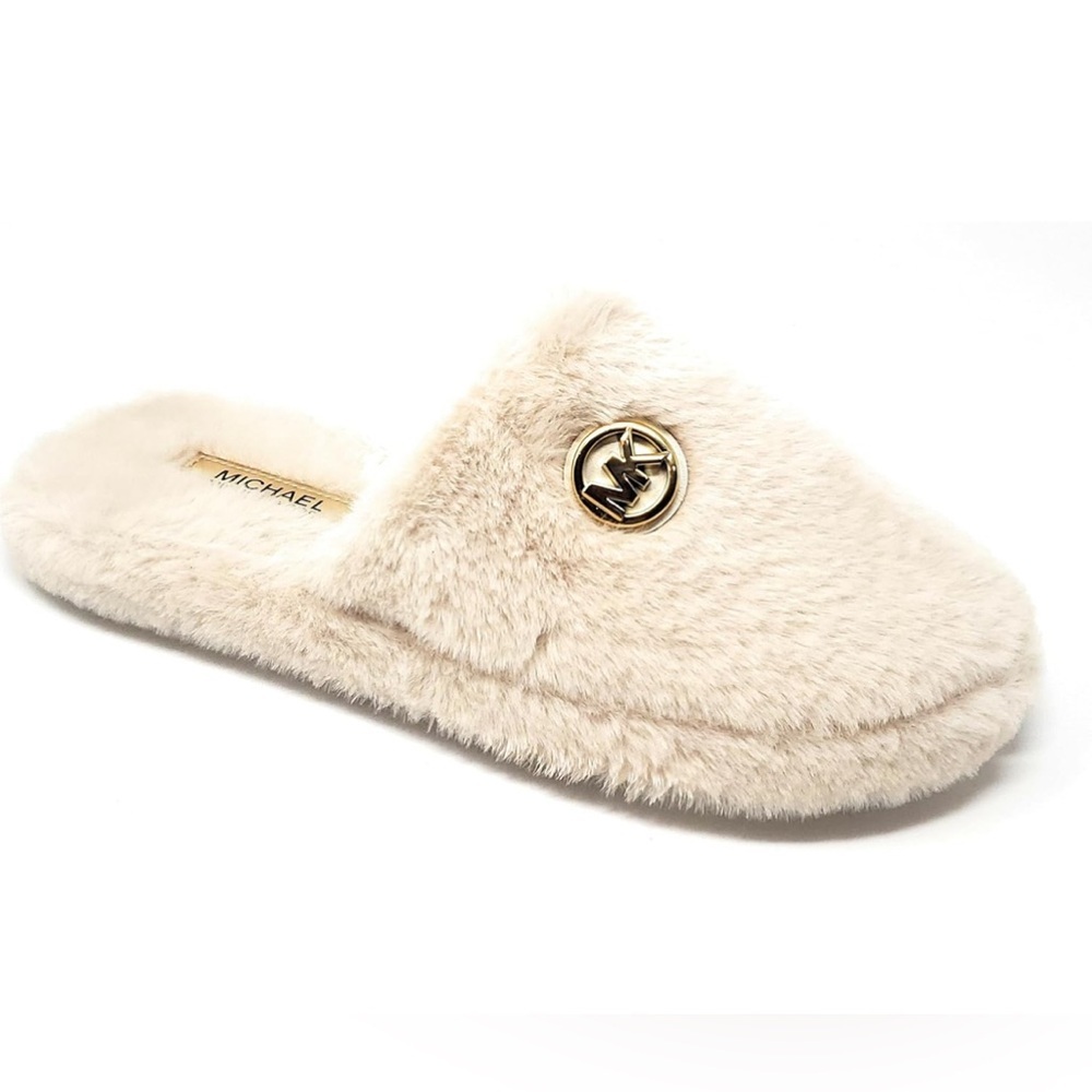 Michael Kors Alexis Closed Toe, Jacquard Faux Sherpa Slippers- Women-US 7- White